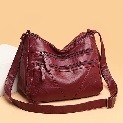 Vintage Women Soft PU Washed Leather Shoulder Bag Multi-Pocket Retro Crossbody Bag For Women Mother Commuting Handbag