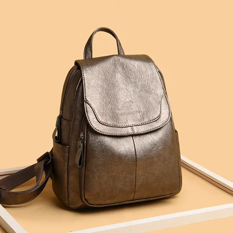 Fashion Genuine Leather Women Backpack Kangaroo Embossed Litchi Texture Multi Pocket Casual Travel School Bag Waterproof Soft Rucksack