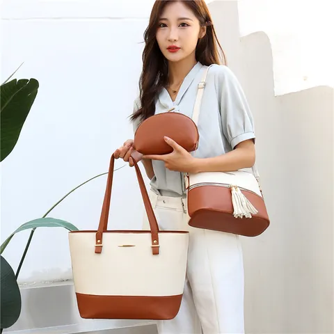 Women Color Block Handbag Set Including Tote Bag Tassel Crossbody Bag And Small Pouch Fashion Office PU Leather Satchel Suit
