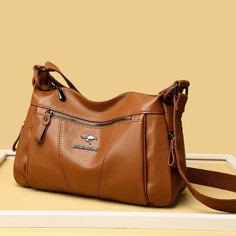 Women's Lychee Pattern Genuine Leather Crossbody Bag Fashion Kangaroo Logo Multi-Pocket Shoulder Bag Daily Commute Handbag
