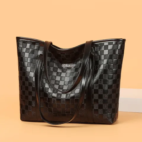Women Fashion Checkered Embossed PU Leather Tote Bag Large Capacity Casual Commute Shoulder Handbag Simple Shopper Bag