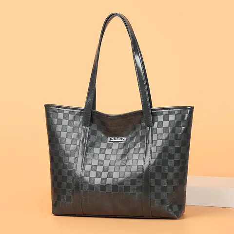 Women Fashion Checkered Embossed PU Leather Tote Bag Large Capacity Casual Commute Shoulder Handbag Simple Shopper Bag