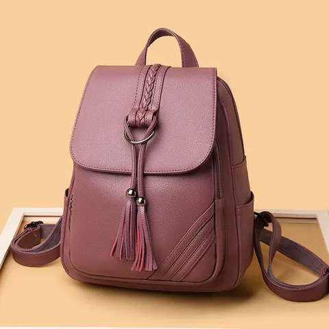 Fashion Women Composite Cowhide Leather Backpack Lychee Grain Tassel Large Capacity Waterproof Anti-Theft Travel Rucksack Daypack