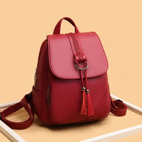 Fashion Women Composite Cowhide Leather Backpack Lychee Grain Tassel Large Capacity Waterproof Anti-Theft Travel Rucksack Daypack