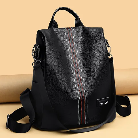 Mochila de Moda para Mujer en Cuero con Grano de Lichi Costuras en Contraste Ojos de Monstruo Bolsa de Viaje Antirrobo Gran Capacidad Multiusos