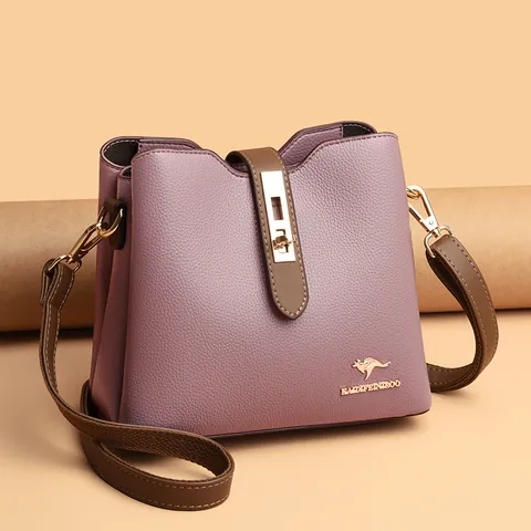 Borsa a Secchiello in Vera Pelle da Donna Pelle di Vacchetta Trama a Contrasto Borsa a Spalla Con Logo Canguro e Serratura Dorata