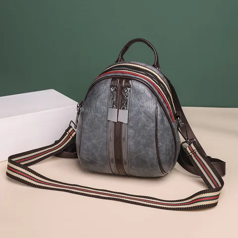 Women Fashion Split Leather Mini Backpack Shell Shape Travel Bag With Striped Webbing Straps Vertical Zipper Pockets Casual School Bag