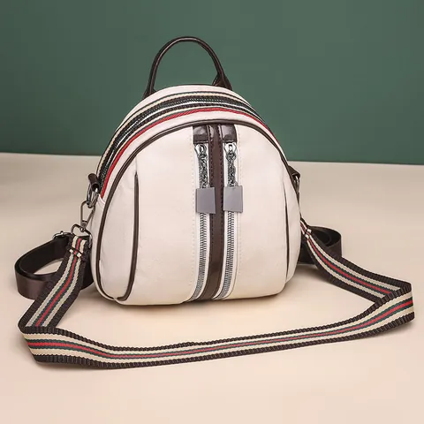 Women Fashion Split Leather Mini Backpack Shell Shape Travel Bag With Striped Webbing Straps Vertical Zipper Pockets Casual School Bag