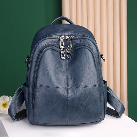 Mochila de Cuero Vintage para Mujer Multibolsillos Multiusos Informal Bolso Escolar al Hombro Color Sólido Resistente al Agua Viaje