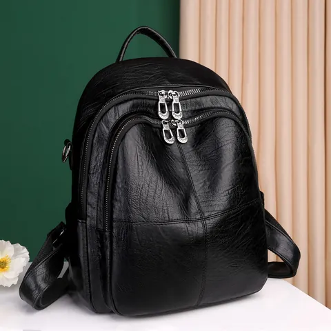 Mochila de Cuero Vintage para Mujer Multibolsillos Multiusos Informal Bolso Escolar al Hombro Color Sólido Resistente al Agua Viaje