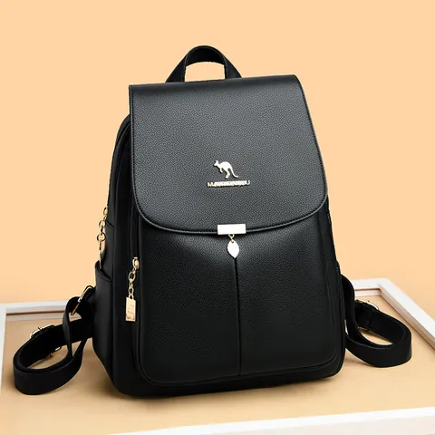 Zaino da Donna in Pelle Grana Litchi Logo Canguro Grande Capacità Borsa da Viaggio Scuola Pendente a Cuore e Foglia