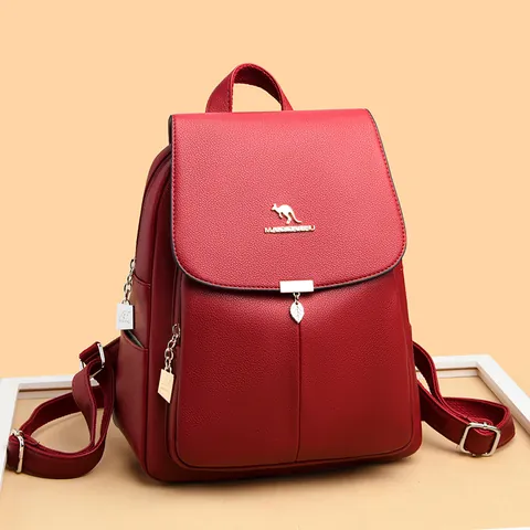 Zaino da Donna in Pelle Grana Litchi Logo Canguro Grande Capacità Borsa da Viaggio Scuola Pendente a Cuore e Foglia