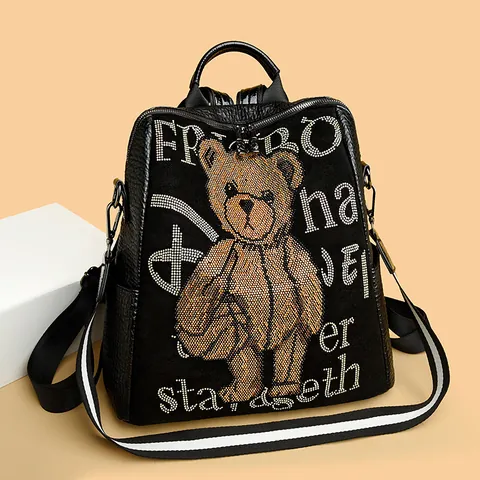 Trendy Rhinestone Teddy Bear Leather Backpack For Women Fashion Embroidery Letter Multi-Functional Bag Travel Daypack