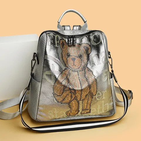 Trendy Rhinestone Teddy Bear Leather Backpack For Women Fashion Embroidery Letter Multi-Functional Bag Travel Daypack