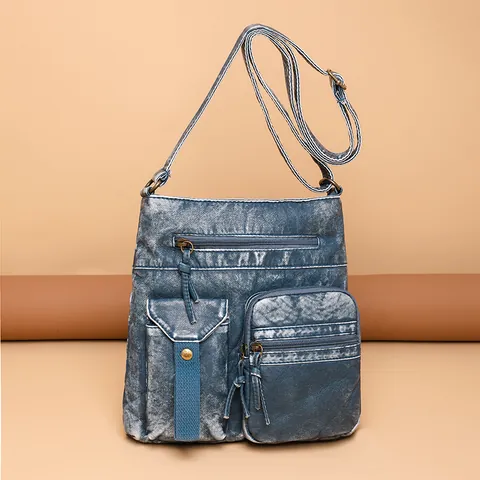 Bolso Bandolera de Cuero Sintético Lavado Vintage para Mujer Multi-Bolsillos Casual Bolso Cubo Con Correa Ajustable