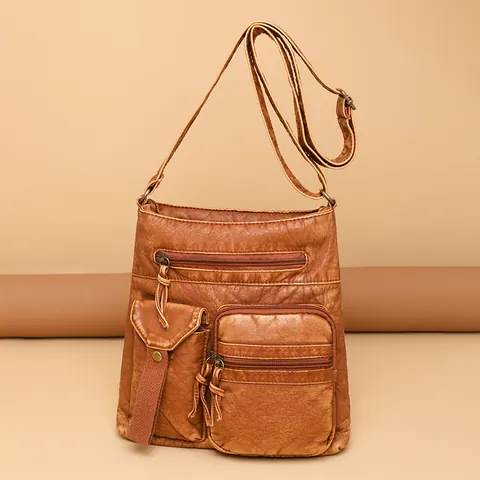 Bolso Bandolera de Cuero Sintético Lavado Vintage para Mujer Multi-Bolsillos Casual Bolso Cubo Con Correa Ajustable