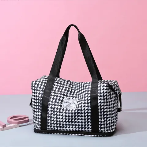 Houndstooth Expandable Travel Bag Large Capacity Oxford Fabric Gym Duffel Bag Waterproof Dry Wet Separation Weekend Luggage Bag For Women Men