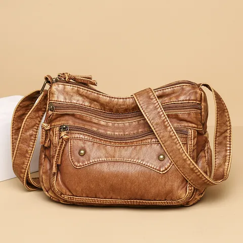 Women's Vintage Washed PU Leather Crossbody Bag Multi Zipper Rivet Shoulder Bag For Daily Travel Brown Handbag