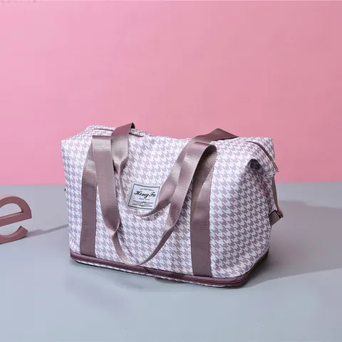 Houndstooth Expandable Travel Bag Large Capacity Oxford Fabric Gym Duffel Bag Waterproof Dry Wet Separation Weekend Luggage Bag For Women Men