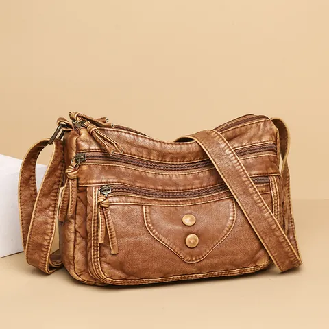 Women's Vintage Washed PU Leather Crossbody Bag Multi Zipper Rivet Shoulder Bag For Daily Travel Brown Handbag