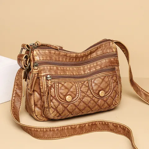 Women's Retro Washed PU Leather Crossbody Bag Large Capacity Multi Zipper Layer Quilted Rhombic Shoulder Bag Brown