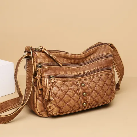 Women's Retro Washed PU Leather Crossbody Bag Large Capacity Multi Zipper Layer Quilted Rhombic Shoulder Bag Brown