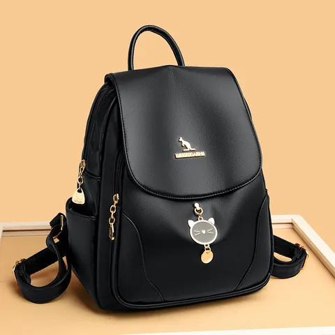 Women PU Leather Backpack With Cat Pendant Kangaroo Logo Solid Color Travel School Bag For Students Trendy Ladies Knapsack