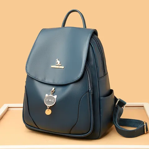 Women PU Leather Backpack With Cat Pendant Kangaroo Logo Solid Color Travel School Bag For Students Trendy Ladies Knapsack