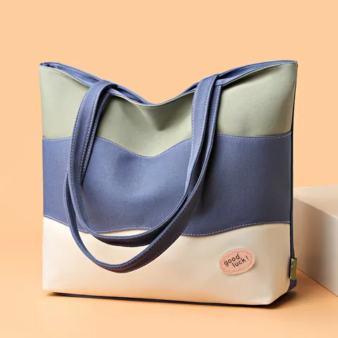 Large Capacity Canvas Tote Bag For Women Splicing Color Wavy Straight Line Pattern Casual Shoulder Bag Handbag School Travel