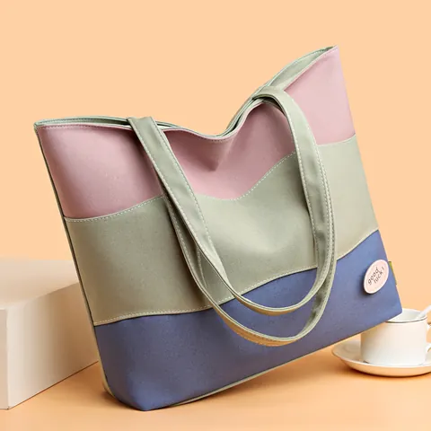 Large Capacity Canvas Tote Bag For Women Splicing Color Wavy Straight Line Pattern Casual Shoulder Bag Handbag School Travel