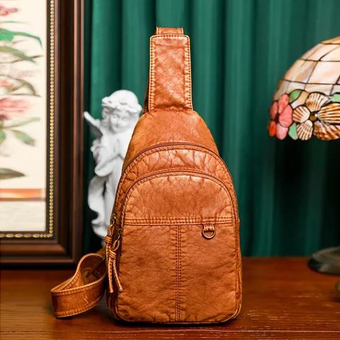Damen Retro Gewaschenes Kunstleder Umhängetasche Lässig Multi Pocket Crossbody Brusttasche Verstellbare Schultertasche Weich