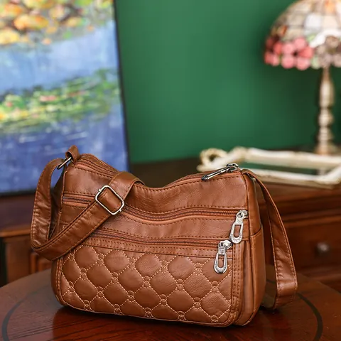 Dames Gewassen PU-Leren Crossbodytas Met Meerdere Zakken Gewatteerde Kleine Vierkante Schoudertas Casual Messenger Purse Cadeau
