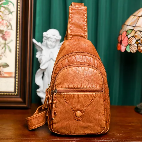 Damen Retro Gewaschenes PU Leder Brusttasche Vintage Multi Reißverschluss Crossbody Sling Bag Casual Travel Umhängetasche