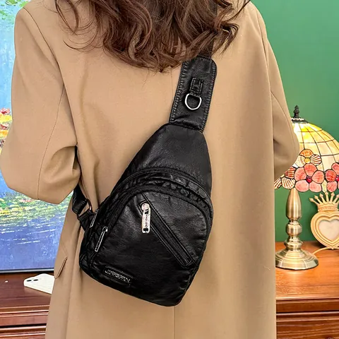 Sac de Poitrine en Cuir Véritable Vintage pour Femme Grande Capacité Multicouche Sling Bag Sac Bandoulière Avec Trou d'Écouteur Imperméable