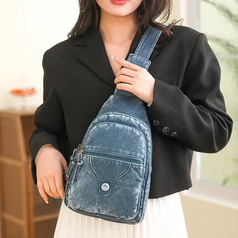 Damen Retro Gewaschenes PU Leder Brusttasche Vintage Multi Reißverschluss Crossbody Sling Bag Casual Travel Umhängetasche