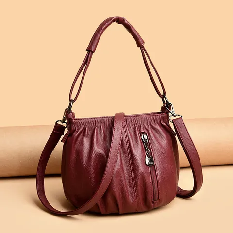 Bolso Cubo de Cuero Genuino Fruncido de Moda para Mujer Bolso de Hombro de Cuero de Vaca Compuesto Suave con Correa Ajustable