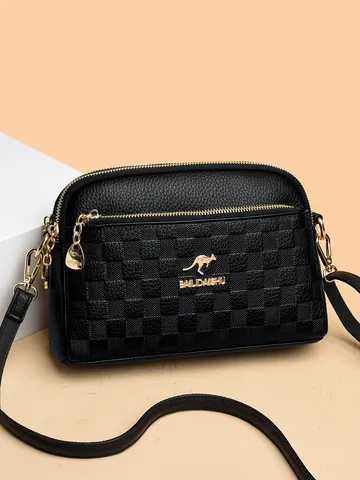 Dames Lederen Crossbody Tas Litchi Structuur Schaakbord Patroon Multi Layer Rits Schoudertas Handtas Daily Clutch Telefoontas