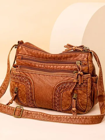 Women's Retro Washed PU Leather Crossbody Bag With Woven Detail Multi-Pocket Large Capacity Shoulder Bag Casual Fashion Bag