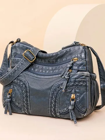 Women's Retro Washed PU Leather Crossbody Bag With Woven Detail Multi-Pocket Large Capacity Shoulder Bag Casual Fashion Bag