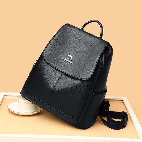 Damen Rucksack Litschikorn PU-Leder Große Kapazität Mode Reisetasche Wasserdicht Weich Klappdeckel Rucksack Mit Känguru-Logo