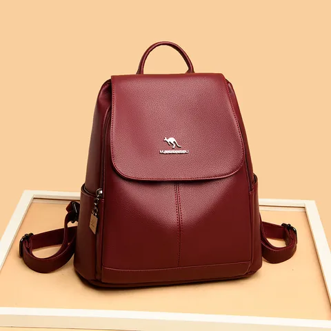 Damen Rucksack Litschikorn PU-Leder Große Kapazität Mode Reisetasche Wasserdicht Weich Klappdeckel Rucksack Mit Känguru-Logo