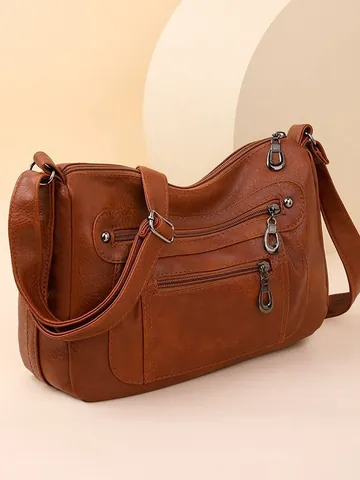 Bolso Bandolera con Múltiples Bolsillos de Cuero PU Retro para Mujer Bolso de Hombro Suave de Gran Capacidad Estilo Urbano