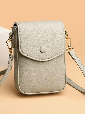 Dames Echt Leren Mobiele Telefoontas Stedelijk Eenvoudig Lychee Patroon Crossbody Tas Met Verstelbare Schouderriem Klep Telefoon Tas