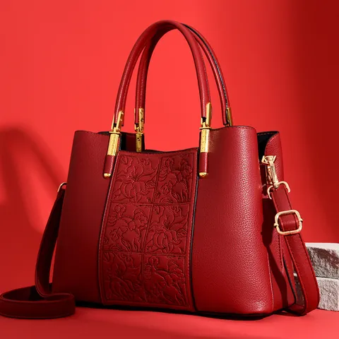 New Chinese Style Split Cowhide Leather Handbag Floral Embossed Large Capacity Shoulder Crossbody Bag For Women Wedding