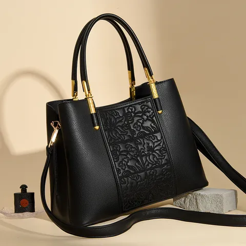 New Chinese Style Split Cowhide Leather Handbag Floral Embossed Large Capacity Shoulder Crossbody Bag For Women Wedding