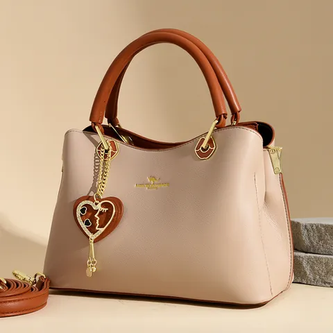 Women Split Cowhide Leather Handbag Fashion Lychee Texture Shoulder Crossbody Bag With Heart Pendant Large Capacity Bag