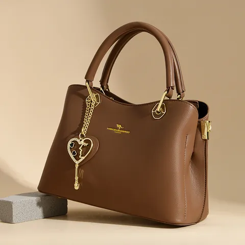 Women Split Cowhide Leather Handbag Fashion Lychee Texture Shoulder Crossbody Bag With Heart Pendant Large Capacity Bag