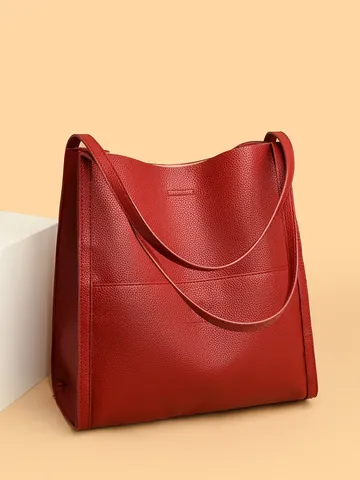 Large Capacity Genuine Leather Tote Bag For Women Litchi Grain Urban Minimalist Shoulder Handbag With Kangaroo Embossed Logo Daily Commuting Bag