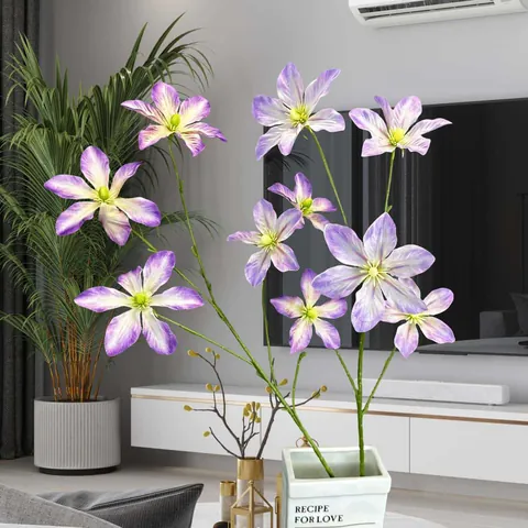 Künstliche Clematis Blume Stiel Mit 5 Köpfen Seidenblumen Für Hochzeit Party Szenen Dekoration Zuhause Büro Ästhetischer Blumenstiel