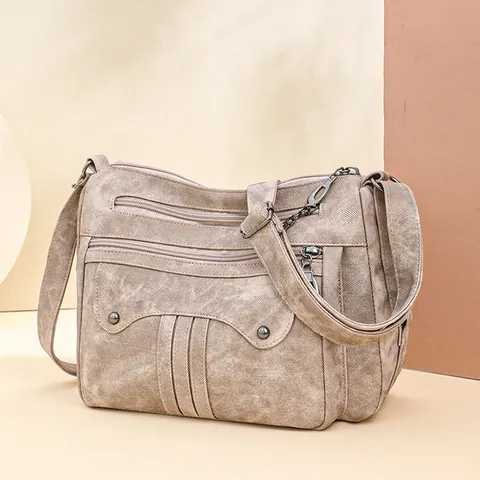 Vintage Umhängetasche Aus Gewaschenem PU-Leder Für Damen Große Kapazität Mehrlagige Reißverschluss Schultertasche Casual Retro Messenger Bag